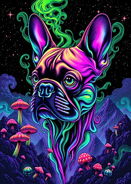 Psychedelic French Bulldog Mushroom Landscape