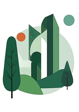 Abstract Green Landscape with Geometric Shapes