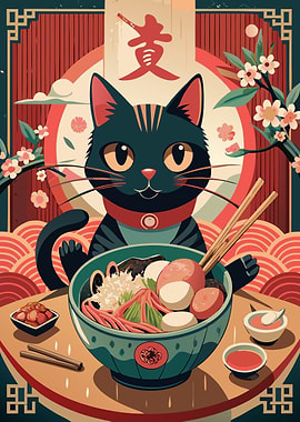 Cat with Noodles Asian Art