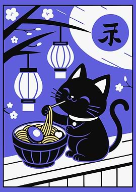 Cat eating ramen under lanterns
