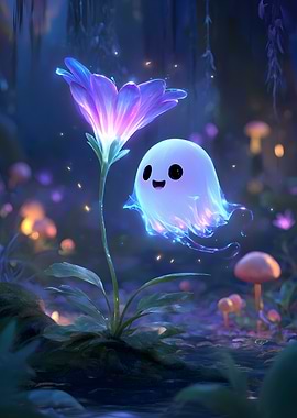 Cute Ghost and Flower in Forest