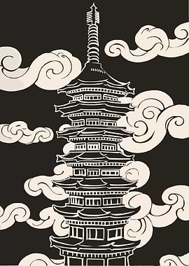 Pagoda and Clouds Illustration