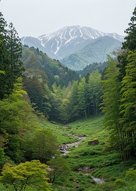 Lush Green Valley with Snowy Mountain