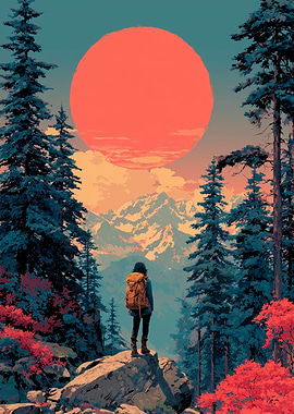 Hiker in Forest with Red Sun
