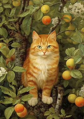 Ginger Cat in Apple Tree Painting
