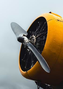 Yellow Airplane Engine Close-Up