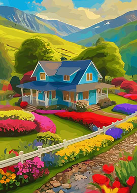 Blue House in a Floral Landscape