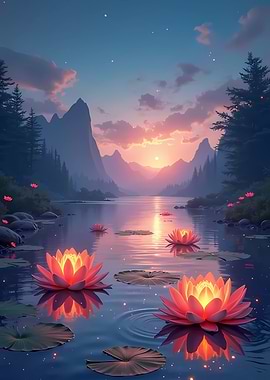 Lotus Flowers at Sunset Lake
