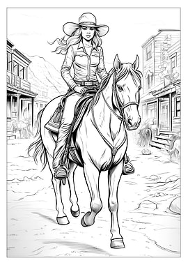 Cowgirl on Horse in Western Town