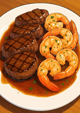 Steak and Shrimp on Plate