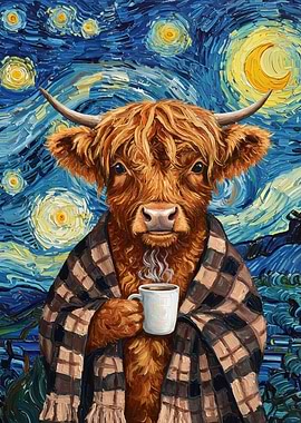 Highland Cow in Starry Night Style