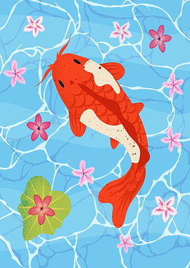Koi Fish in Pond with Flowers