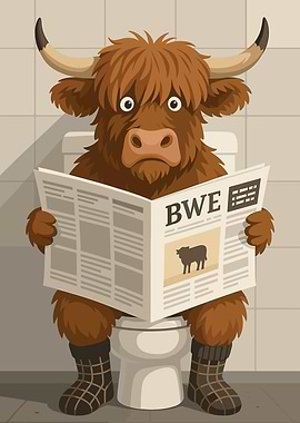 Cartoon Highland Cow Reading Newspaper on Toilet