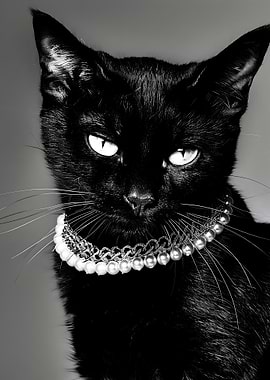 Elegant Black Cat with Pearl Necklace