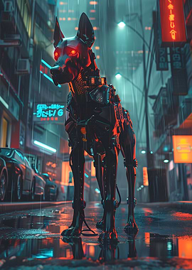Cyberpunk Robotic Dog in Rainy City