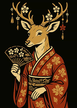 Deer in Kimono with Fan