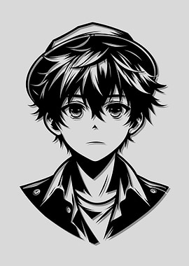 Anime Boy Portrait in Black and White