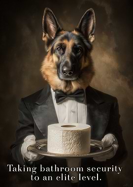 Elite Bathroom Security German Shepherd Butler - German Shepherd Bathroom Security Poster – Funny Dog in Tuxedo