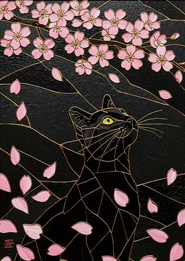 Black Cat and Cherry Blossoms Art