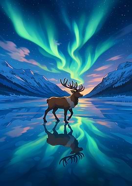 Reindeer under Aurora Borealis