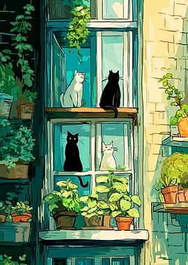 Cats in Window with Plants
