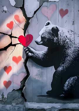 Bear with Heart on Cracked Wall