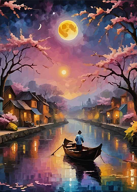 Japanese Canal at Night Painting