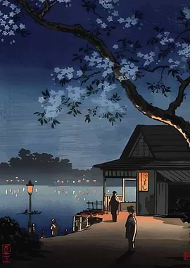 Japanese Night Scene with Cherry Blossoms