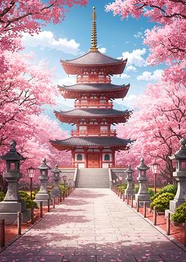 Japanese Pagoda with Cherry Blossoms
