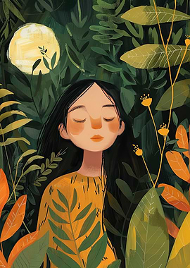 Girl in Forest with Moon