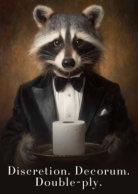 Raccoon Butler with Toilet Paper - Elegant Raccoon with Toilet Roll Bathroom Poster Funny