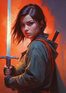 Female Warrior with Sword and Katana
