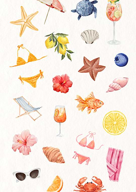 Watercolor Summer Beach Vacation Elements