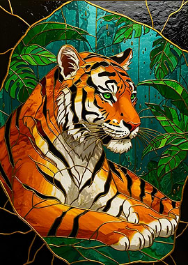 Stained Glass Tiger in Jungle