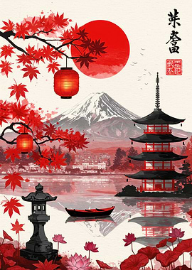 Japanese Landscape with Pagoda and Mountain