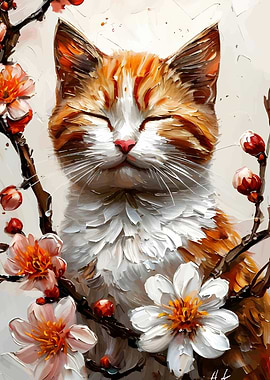 Cat with Cherry Blossoms Painting