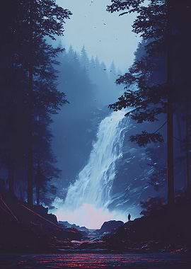 Mystical Waterfall Landscape with Lone Figure