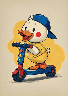 Duck on Scooter Cartoon Illustration