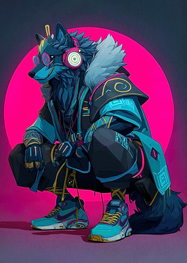 Cyberpunk Wolf with Headphones and Sneakers