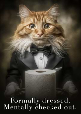 Elegant Ginger Cat Poster – Funny Bathroom Decor with Classy Cat Butler & Toilet Paper Humor