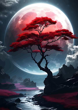 Red Tree Under a Giant Moon