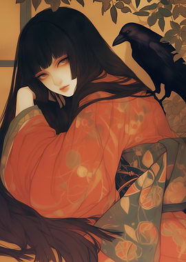 Woman in Kimono with Raven ~ Yokai ~ Oni ~ Japanese Style
