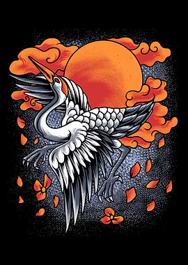 Japanese Anime Crane with Sun and Flowers