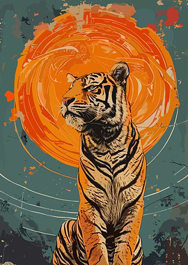 Tiger Portrait with Abstract Sun