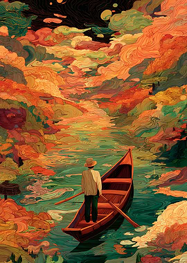 Man in Boat Abstract Landscape