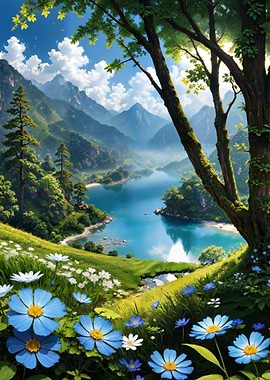 Scenic Mountain Lake with Wildflowers
