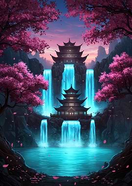 Japanese Temple with Waterfalls