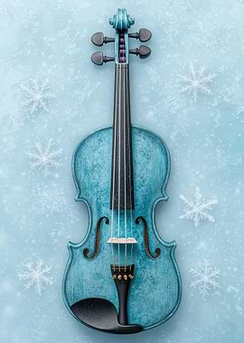 Frozen Blue Violin with Snowflakes