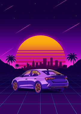 Skoda Octavia RS Retro Illustration with Sunset Backdrop