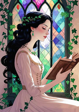 Woman Reading by Stained Glass Window